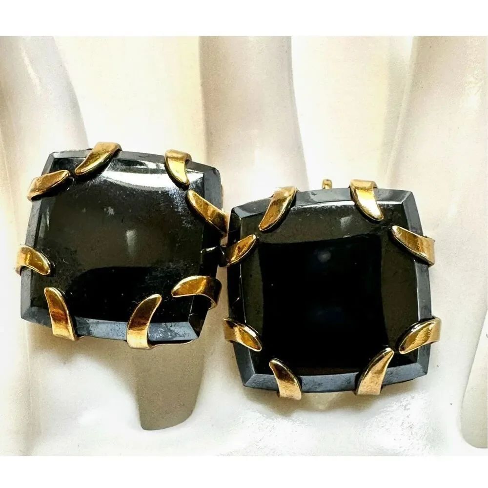 Vintage hematite MCM gold tone clip on earrings